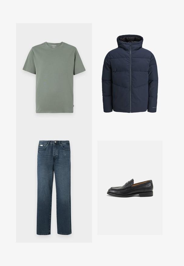 Marineblå pufferjakke med hætte, lynlås foran og chevron syning mønster. Lavet af tekstureret stof med elastiske manchetter og logo detaljer.; Kortærmet T-shirt i lys grøn, lavet af blødt stof, med rund hals og syet kant, uden synlige mønstre eller designs.; Mørkeblå denimbukser med lige pasform, fem lommer, bæltestropper og lynlås. Glat tekstur med subtile blegede detaljer.; Sorte læder loafers med en glat finish, rund tå og dekorativ syning på vampen. Lav stablet hæl og let glans.