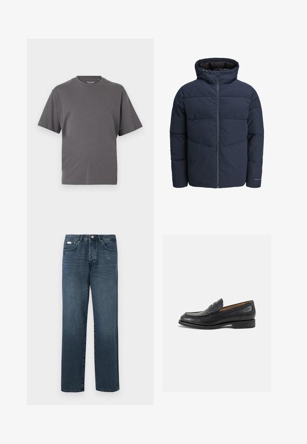 Navy pufferjakke med hette, glidelås foran og chevron søm mønster. Laget av strukturert stoff med elastiske mansjetter og logo detalj.; Grå kortermet T-skjorte laget av en myk bomullsblanding, med rund hals og enkelt design uten mønstre eller detaljer.; Mørkeblå denimjeans med rett passform, fem lommer, beltehemper og glidelås. Jeansen har en jevn tekstur med subtile falming detaljer.; Sorte lær loafers med en glat overflade, rund tå og dekorativ syning på forfoden. Lav stablet hæl og let glans.