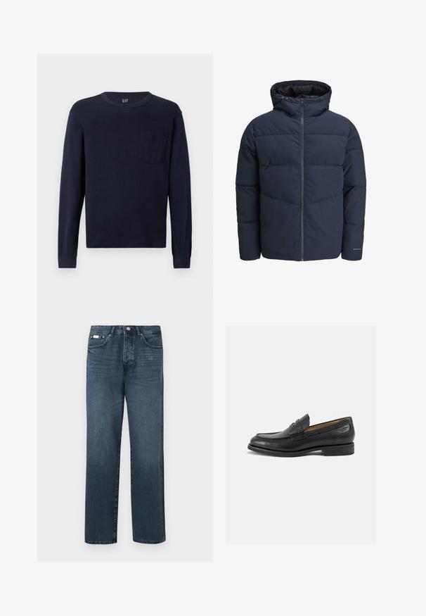 Marineblaue Pufferjacke mit Kapuze, Reißverschluss vorne und Chevron-Nähten. Hergestellt aus strukturiertem Stoff mit elastischen Bündchen und einem Logodetail.; Marineblaue Langarm-T-Shirt aus Baumwolle, mit rundem Ausschnitt und einer kleinen Brusttasche auf der linken Seite. Glatte Textur.; Dunkelblaue Jeans aus Denim mit geradem Schnitt, fünf Taschen, Gürtelschlaufen und Reißverschluss. Glatte Textur mit dezenten Ausbleichungen.; Schwarze Leder Slipper mit glatter Oberfläche, runder Spitze und dekorativer Naht auf dem Vorderblatt. Niedriger Blockabsatz und leichter Glanz.