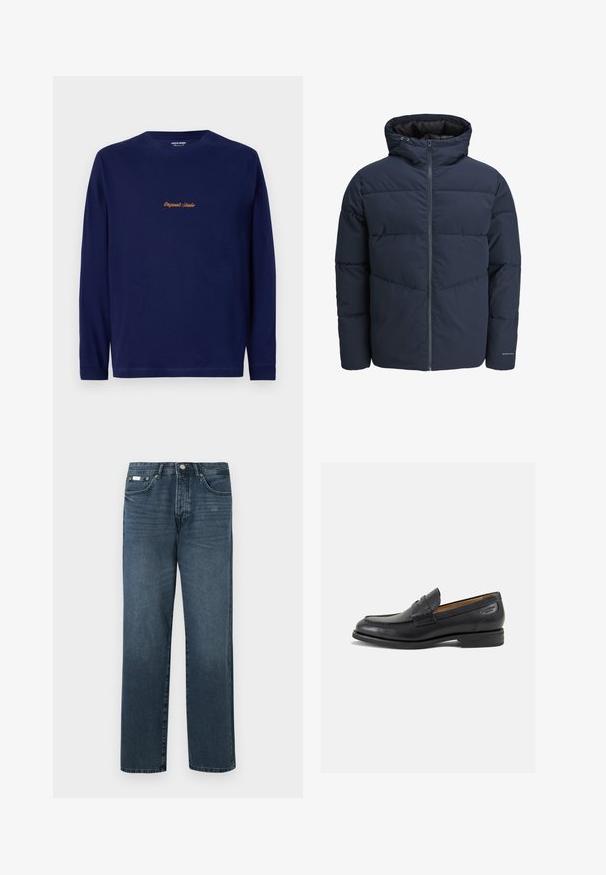 Mornarska puf jakna s kapuco, zadrgo spredaj in chevron vzorcem. Narejena iz teksturiranega blaga z elastičnimi manšetami in logotipom.; Mornarska majica z dolgimi rokavi z izvezenim napisom "Originals Studio" v zlati barvi na prsih, predstavljen na enobarvni beli podlagi.; Temno modri džins hlače z ravnim krojem, petimi žepi, obrobo za pas in zadrgo. Gladek material z nežnimi podrobnostmi zbledenja.; Črne usnjene loafers cipele z gladko površino, zaobljenim nosom in dekorativnim šivom na vampu. Nizek zloženi peti in rahla sijaj.