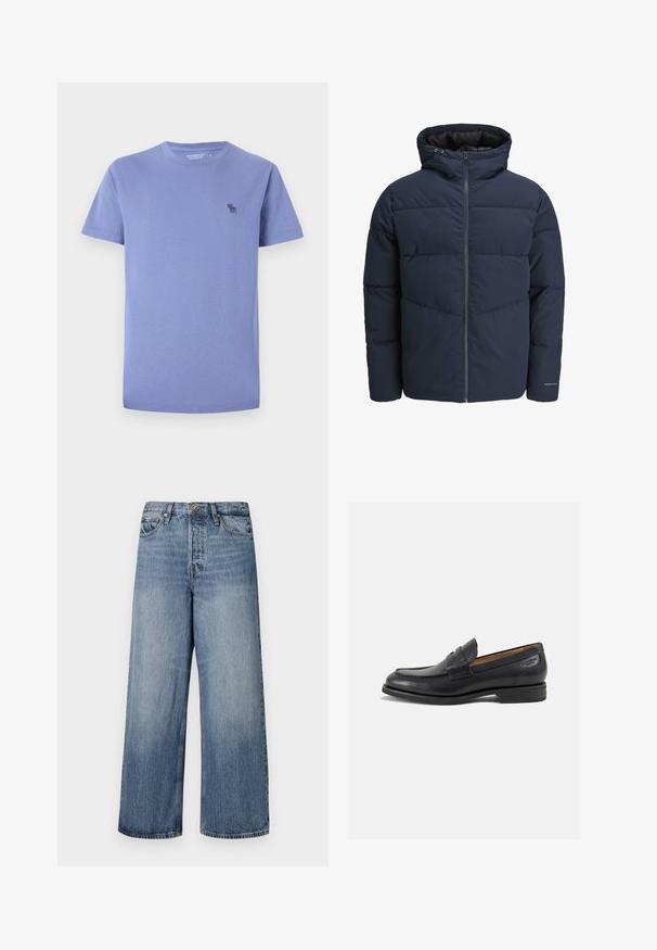 Jachetă puffer de culoare bleumarin cu glugă, închidere cu fermoar pe față și model de cusături în formă de V. Fabricată dintr-un material texturat, cu manșete elastice și detalii cu logo.; Tricou din bumbac lavandă deschis, cu guler rotund, mâneci scurte, având un mic logo brodat într-o nuanță mai închisă pe pieptul stâng.; Jeans din denim blue, cu croială largă, cu un finisaj decolorat, design cu cinci buzunare și închidere cu buton. Echipate cu bucle pentru curea și detalii cusute.; Mocasini din piele neagră cu o finisare netedă, vârf rotund și cusături decorative pe partea superioară. Toc mic și stivuit, cu o ușoară strălucire.