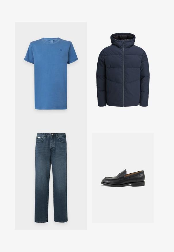 Sötétkék puffajacket kapucnival, cipzáros elülső résszel és chevron mintázattal. Texturált anyagból készült, rugalmas mandzsettákkal és logórészlettel.; Világoskék, rövid ujjú póló, puha pamutból készült, kerek nyakú, apró logóval a mellrészen.; Sötétkék denim farmernadrág egyenes szabással, öt zsebbel, övhurkokkal és cipzáras nyitással. Simaság és finom fakulási részletek jellemzik.; Fekete bőr loaferek sima felülettel, lekerekített orral és díszítő varrással a lábfejen. Alacsony, réteges sarkú és enyhe fényű.