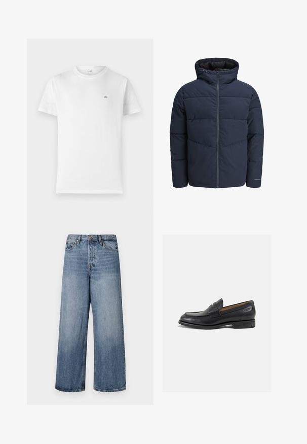 Giacca a vento blu navy con cappuccio, chiusura con zip e motivo a zig-zag. Realizzata in tessuto testurizzato con polsini elasticizzati e dettaglio del logo.; T-shirt bianco in cotone con collo tondo classico, maniche corte e un piccolo logo grigio GAP sul lato sinistro del petto. Design semplice e senza fronzoli.; Jeans in denim blu a gamba larga con lavaggio sbiadito, design a cinque tasche e chiusura con bottone. Dotati di passanti per cintura e dettagli cuciti.; Mocassini in pelle nera con finitura liscia, punta arrotondata e cuciture decorative sulla tomaia. Tacco basso impilato e leggero lucido.