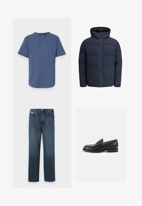 Navy puffer jacket with a hood, zip front, and chevron stitching pattern. Made from textured fabric with elastic cuffs and a logo detail.; Short-sleeve shirt in soft blue fabric, featuring a round neck and three brown buttons at the collar, with a straight hemline.; Dark blue denim jeans with a straight fit, five pockets, belt loops, and a zipper fly. Smooth texture with subtle fading details.; Black leather loafers with a smooth finish, rounded toe, and decorative stitching on the vamp. Low stacked heel and slight shine.