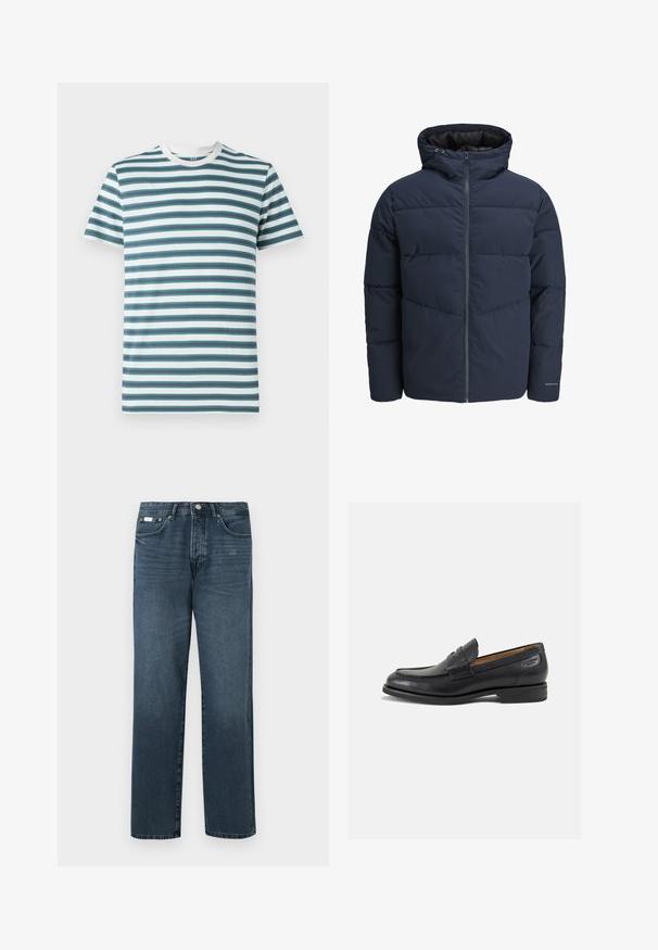 Marineblå pufferjakke med hætte, lynlås foran og chevron syning mønster. Lavet af tekstureret stof med elastiske manchetter og logo detaljer.; Herre kortærmet t-shirt med horisontale striber i teal, marineblå og hvid. Blødt bomuldsstof med rund hals og kontrastfarvet krave.; Mørkeblå denimbukser med lige pasform, fem lommer, bæltestropper og lynlås. Glat tekstur med subtile blegede detaljer.; Sorte læder loafers med en glat finish, rund tå og dekorativ syning på vampen. Lav stablet hæl og let glans.