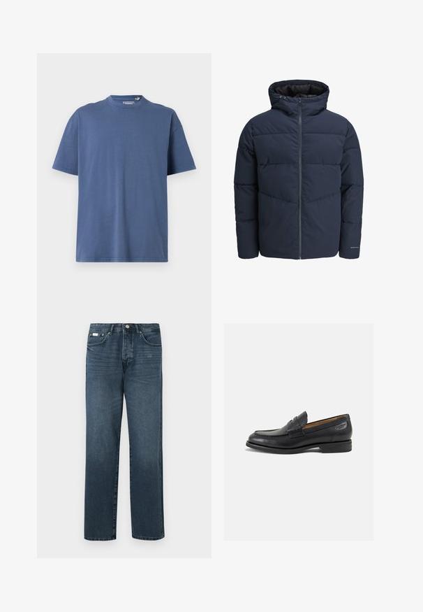 Jūras spēku stila pūkains džemperis ar kapuci, ar rāvējslēdzēju priekšpusē un ķevrona šuvju rakstu. Izgatavots no teksturēta auduma, ar elastīgām aprocēm un logotipa detalizāciju.; Zils īsām piedurknēm T-krekls, kas izgatavots no mīksta kokvilnas, ar apaļu apkakli un brīvu piegriezumu, ar minimālām šuvju detaļām.; Tumši zila džinsu auduma bikses ar taisnu piegriezumu, piecām kabatām, jostas cilpām un rāvējslēdzēju. Gluda struktūra ar smalki izpludinātiem detaļām.; Melnas ādas loafers ar gludu apdari, noapaļotu purngalu un dekoratīvām šuvēm uz virsu. Zems, sakrauta papēža un neliels spīdums.
