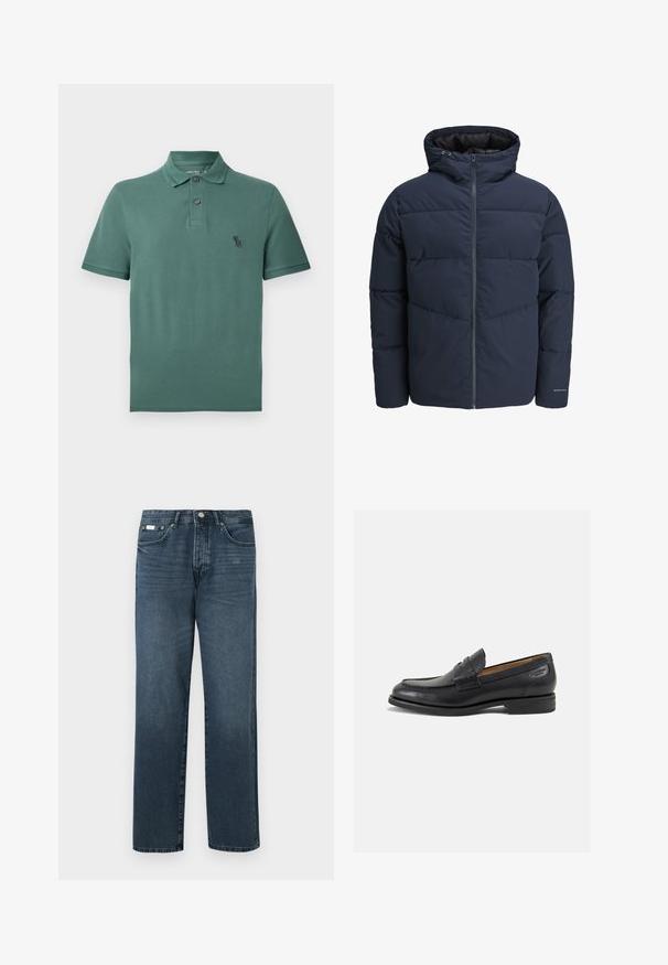 Marineblå pufferjakke med hætte, lynlås foran og chevron syning mønster. Lavet af tekstureret stof med elastiske manchetter og logo detaljer.; Grøn bomulds polo skjorte med krave, to knapper og et lille sort logo på brystet. Korte ærmer og lige kant.; Mørkeblå denimbukser med lige pasform, fem lommer, bæltestropper og lynlås. Glat tekstur med subtile blegede detaljer.; Sorte læder loafers med en glat finish, rund tå og dekorativ syning på vampen. Lav stablet hæl og let glans.