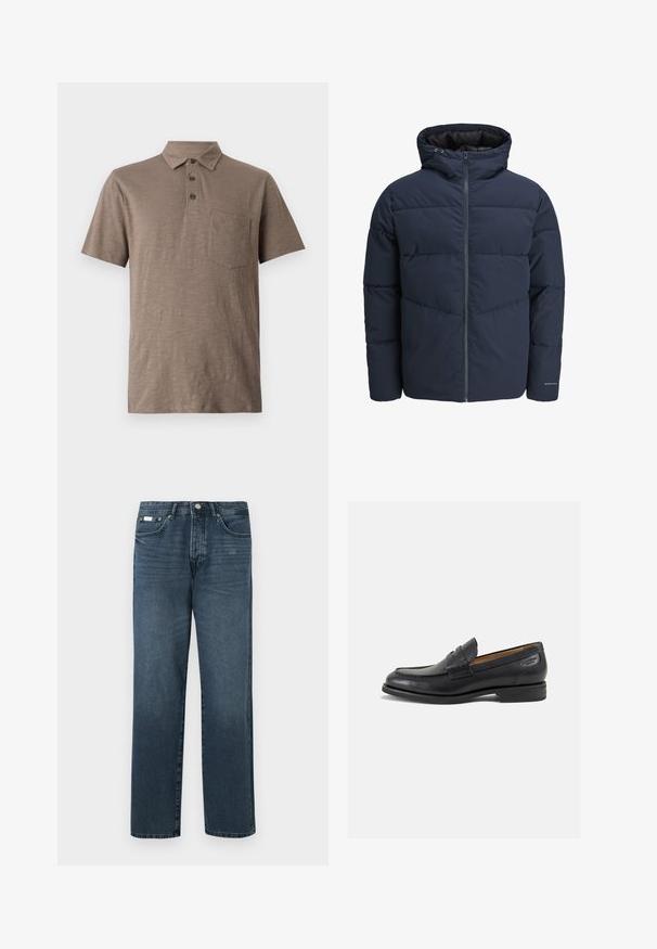 Námořnická puffer bunda s kapucí, zipem vpředu a šikmým švem. Vyrobena z texturované látky s elastickými manžetami a detailem loga.; Poloko s krátkým rukávem ve světlé hnědé barvě, vyrobené z měkké tkaniny. Má límec, tři knoflíky a kapsu na hrudi.; Tmavě modré džínové kalhoty se straight fit, pěti kapsami, poutky na opasek a zipovým zapínáním. Hladká textura s jemnými detaily vyblednutí.; Černé kožené mokasíny s hladkým povrchem, zaoblenou špičkou a dekorativním prošíváním na svršku. Nízký podpatka a mírný lesk.