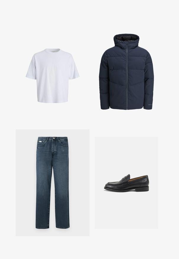 Chaqueta acolchada azul marino con capucha, cierre de cremallera y patrón de costura en forma de chevrón. Fabricada con un tejido texturizado, cuenta con puños elásticos y un detalle de logo.; Camiseta de algodón blanca con cuello redondo, mangas cortas y un corte relajado. Textura suave y diseño minimalista sin patrones ni acentos visibles.; Vaqueros de mezclilla azul oscuro con corte recto, cinco bolsillos, trabillas para cinturón y cierre de cremallera. Textura suave con sutiles detalles de desgaste.; Mocasines de cuero negro con un acabado suave, punta redondeada y costuras decorativas en la parte superior. Tacón bajo apilado y un ligero brillo.