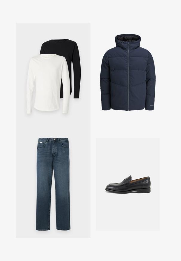 Marineblaue Pufferjacke mit Kapuze, Reißverschluss vorne und Chevron-Nähten. Hergestellt aus strukturiertem Stoff mit elastischen Bündchen und einem Logodetail.; Zwei langärmlige T-Shirts: eines in Weiß, eines in Schwarz. Aus weichem Stoff, mit runden Ausschnitten und eng anliegenden Ärmeln.; Dunkelblaue Jeans aus Denim mit geradem Schnitt, fünf Taschen, Gürtelschlaufen und Reißverschluss. Glatte Textur mit dezenten Ausbleichungen.; Schwarze Leder Slipper mit glatter Oberfläche, runder Spitze und dekorativer Naht auf dem Vorderblatt. Niedriger Blockabsatz und leichter Glanz.