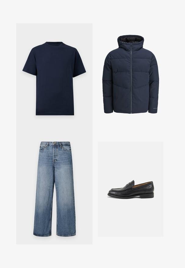 Námořnická puffer bunda s kapucí, zipem vpředu a šikmým švem. Vyrobena z texturované látky s elastickými manžetami a detailem loga.; Námorně modré bavlněné tričko s kulatým výstřihem, krátkými rukávy a rovním lemem, které má hladkou texturu a žádné viditelné vzory nebo akcenty.; Modré džínové kalhoty s širokým střihem, vybledlý wash, pět kapsových design a zapínání na knoflík. Vybavené poutky na opasek a prošívanými detaily.; Černé kožené mokasíny s hladkým povrchem, zaoblenou špičkou a dekorativním prošíváním na svršku. Nízký podpatka a mírný lesk.
