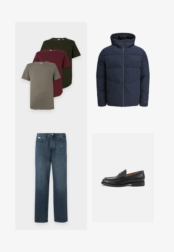 Mornarica puffer jakna s kapuljačom, zatvaranjem na zip i šavnim uzorkom u obliku chevrona. Izrađena od teksturirane tkanine s elastinim manžetama i detaljem s logotipom.; Tri kratkih rukava T-majice u maslinasto zelenoj, burgundijskoj i sivoj boji, izrađene od mekog pamuka, s okruglom izrezom i opuštenim krojem.; Tamno plave traperice s ravnim krojem, pet džepova, omčama za remen i patentnim zatvaračem. Glatka tekstura s suptilnim izbljedjelim detaljima.; Crne kožne loferice s glatkom površinom, zaobljenim vrhom i dekorativnim šavom na gornjem dijelu. Nizak potplat s malim potpeticama i blagi sjaj.