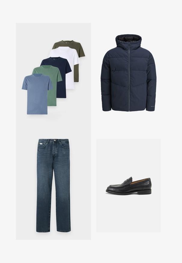 Navy pufferjakke med hette, glidelås foran og chevron søm mønster. Laget av strukturert stoff med elastiske mansjetter og logo detalj.; Fem crew-neck t-skjorter i ulike farger: lys blå, grønn, marineblå, hvit og oliven. Laget av bomull, med kortermer og en subtil logo.; Mørkeblå denimjeans med rett passform, fem lommer, beltehemper og glidelås. Jeansen har en jevn tekstur med subtile falming detaljer.; Sorte lær loafers med en glat overflade, rund tå og dekorativ syning på forfoden. Lav stablet hæl og let glans.