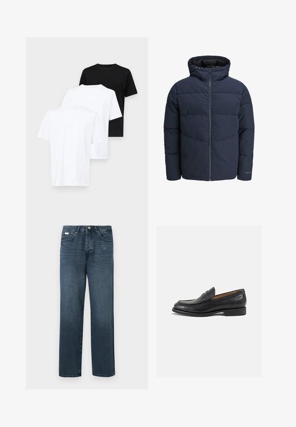 Navy puffer jacket with a hood, zip front, and chevron stitching pattern. Made from textured fabric with elastic cuffs and a logo detail.; Three short-sleeve t-shirts: two white and one black. Made of cotton, featuring a round neck and a simple, classic design.; Dark blue denim jeans with a straight fit, five pockets, belt loops, and a zipper fly. Smooth texture with subtle fading details.; Black leather loafers with a smooth finish, rounded toe, and decorative stitching on the vamp. Low stacked heel and slight shine.