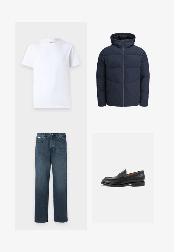 Granatowa kurtka puchowa z kapturem, zapinana na zamek, z wzorem w zygzak. Wykonana z teksturowanej tkaniny, z elastycznymi mankietami i detalem z logo.; Biała bawełniana koszulka z okrągłym dekoltem i krótkimi rękawami. Prosty wzór bez nici lub grafik, z logo GAP na kołnierzyku.; Ciemnoniebieskie dżinsy o prostym kroju, pięć kieszeni, szlufki na pasek i zamek błyskawiczny. Gładka tekstura z delikatnymi szczegółami w odbarwieniach.; Czarne skórzane mokasyny o gładkim wykończeniu, zaokrąglonym nosku i dekoracyjnym przeszyciu na cholewce. Niski, warstwowy obcas i delikatny połysk.