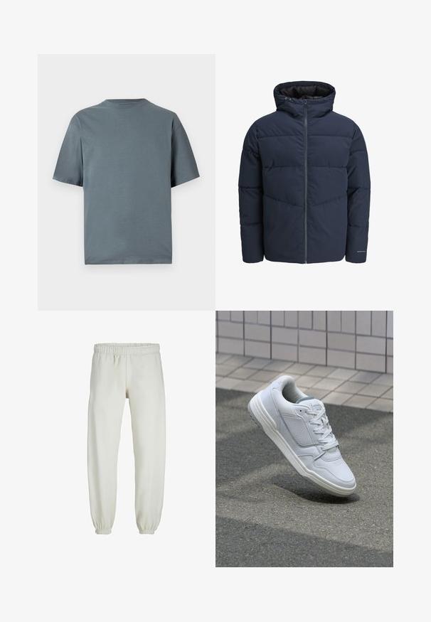 Jachetă puffer de culoare bleumarin cu glugă, închidere cu fermoar pe față și model de cusături în formă de V. Fabricată dintr-un material texturat, cu manșete elastice și detalii cu logo.; Tricou gri din bumbac, cu mâneci scurte, de tip crew neck și croială relaxată. Textură netedă, design minim și fără modele sau accesorii vizibile.; Pantaloni de trening albi, realizati dintr-un textile moale, avand talie elastica si mansete, cu o textura fina si un design lejer.; Adidași din piele albă cu părți perforate, accente texturate, șireturi plate și un călcâi gri contrastant. Prezintă o talpă ușor ridicată.