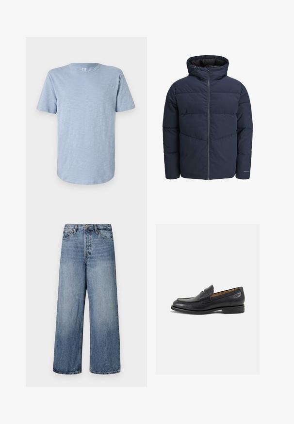 Chaqueta acolchada azul marino con capucha, cierre de cremallera y patrón de costura en forma de chevrón. Fabricada con un tejido texturizado, cuenta con puños elásticos y un detalle de logo.; Camiseta de manga corta de color azul claro hecha de una tela suave, con un escote redondo y un dobladillo recto con una textura sutil.; Jeans de denim azul de pierna ancha con un lavado descolorido, diseño de cinco bolsillos y cierre de botón. Equipados con trabillas y detalles de costura.; Mocasines de cuero negro con un acabado suave, punta redondeada y costuras decorativas en la parte superior. Tacón bajo apilado y un ligero brillo.