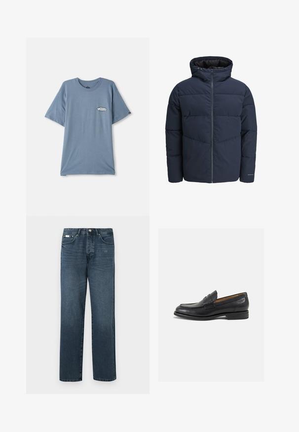 Casaco puffer azul-marinho com capuz, fecho de correr à frente e padrão de costura em Chevron. Feito de tecido texturizado com punhos elásticos e detalhe de logótipo.; T-shirt de algodão azul com mangas curtas, decote redondo e uma pequena impressão do logótipo na área do peito esquerdo. Textura suave, corte descontraído.; Jeans de ganga azul escuro com corte reto, cinco bolsos, passantes para cinto e fecho com zipper. Textura suave com detalhes de desbotamento sutis.; Mocassins pretos de pele com um acabamento suave, bico redondo e costura decorativa no a parte superior. Salto baixo e empilhado com um ligeiro brilho.