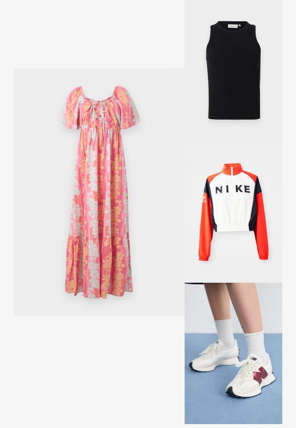 Cropped Nike jacket with high collar, white body, red and navy sleeves, black logo on front, elastic waist and cuffs, sporty design.; Pink maxi dress with puff sleeves, front tie neckline, and yellow and light blue floral pattern.; Black sleeveless tank top made of ribbed fabric, featuring a round neckline and a small logo on the front. Simple, fitted design.; Pair of white sneakers with maroon accents, textured panels, flat black outsole, and light laces, worn with white ankle socks.