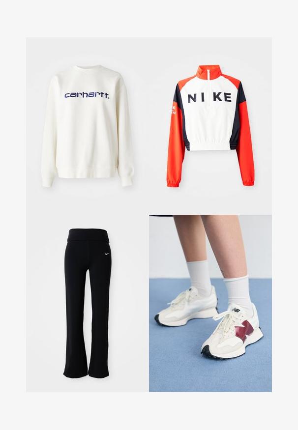 Jachetă Nike scurtată cu guler înalt, corp alb, mâneci roșii și bleumarin, logo negru pe față, talie și manșete elastice, design sportiv.; Hanorac alb din bumbac, cu mâneci lungi și manșete ribbate, având logo-ul "carhartt" în albastru marin pe piept.; Pantaloni sport din material negru, cu o talie lată, confectionați dintr-un material neted și elastic. Au un mic logo alb Nike pe șold.; O pereche de adidași albi cu accente vișinii, panouri texturate, talpă neagră plată și șireturi ușoare, purtați cu șosete albe până la gleznă.