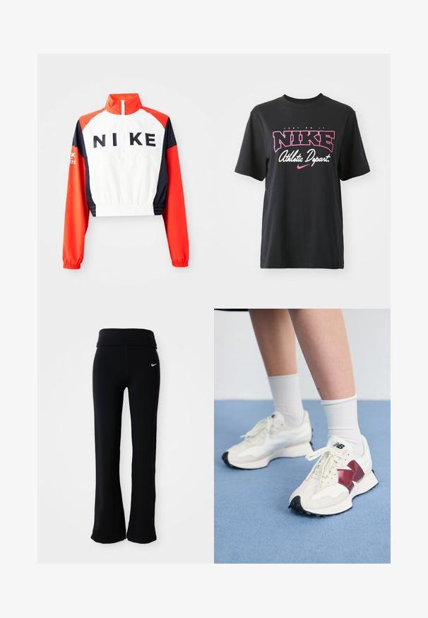 Krótka kurtka Nike z wysokim kołnierzem, biała góra, czerwone i granatowe rękawy, czarne logo z przodu, elastyczny pas i mankiety, sportowy design.; Czarna bawełniana koszulka z grafiką w różowym i białym kolorze z napisem "JUST DO IT", "NIKE" oraz "Athletic Depart". Standardowy krój.; Czarne spodnie sportowe z szerokim pasem, wykonane z gładkiego, elastycznego materiału. Posiadają małe, białe logo Nike na biodrze.; Para białych sneakersów z bordowymi akcentami, teksturowanymi panelami, płaską czarną podeszwą i jasnymi sznurowadłami, noszonych z białymi skarpetkami do kostek.