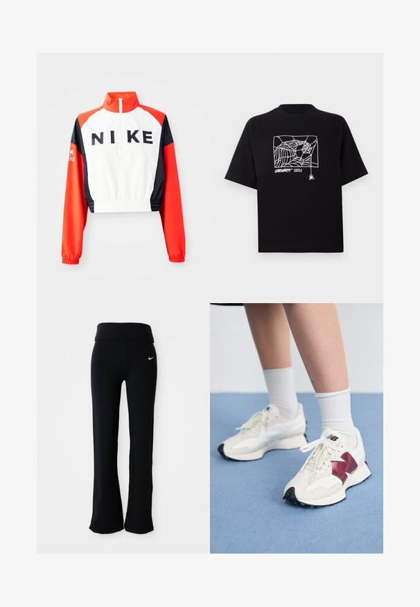 Krótka kurtka Nike z wysokim kołnierzem, biała góra, czerwone i granatowe rękawy, czarne logo z przodu, elastyczny pas i mankiety, sportowy design.; Czarna koszulka z krótkim rękawem wykonana z bawełny. Na przodzie znajduje się biały nadruk w kształcie pajęczyny oraz logo. Prosty, zaokrąglony dekolt.; Czarne spodnie sportowe z szerokim pasem, wykonane z gładkiego, elastycznego materiału. Posiadają małe, białe logo Nike na biodrze.; Para białych sneakersów z bordowymi akcentami, teksturowanymi panelami, płaską czarną podeszwą i jasnymi sznurowadłami, noszonych z białymi skarpetkami do kostek.