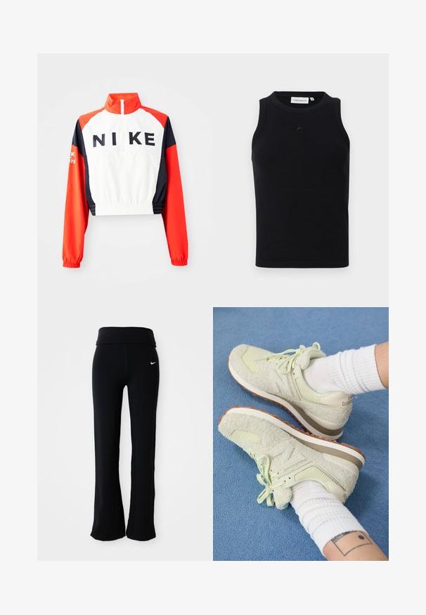 Kroppad Nike-jacka med hög krage, vit kropp, röda och marinblå ärmar, svart logotyp framtill, elastisk midja och manschetter, sportig design.; Mustapaitainen hihaton toppi, joka on valmistettu ribbikankaasta, jossa on pyöreä kaula-aukko ja pieni logo edessä. Yksinkertainen, vartalonmyötäinen muotoilu.; Mustat urheiluhousut, joissa on leveä vyötärönauha, valmistettu sileästä, joustavasta materiaalista. Housuissa on pieni, valkoinen Nike-logo lantiossa.; Vaaleanvihreät New Balance -tennarit, joissa on teksturoitua mokkaa ja verkkoa, nauhalukitus ja ruskea kumipohja, lepäävät sinisellä matolla.