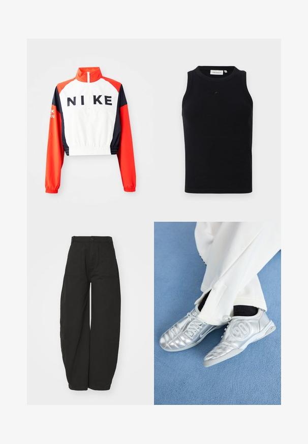 Chaqueta Nike recortada con alto cuello, cuerpo blanco, mangas rojas y marinas, logotipo negro en el frente, cintura y puños elásticos, diseño deportivo.; Camiseta sin mangas negra hecha de tela acanalada, con un cuello redondo y un pequeño logotipo en la parte delantera. Diseño simple y ajustado.; Pantalones negros de pernera ancha hechos de algodón, con una cintura alta, cierre frontal con botón y bolsillos laterales para mayor funcionalidad.; Zapatillas deportivas plateadas con un acabado suave y brillante, que presentan un diseño cosido y el número 90 en el lateral, combinadas con pantalones blancos.