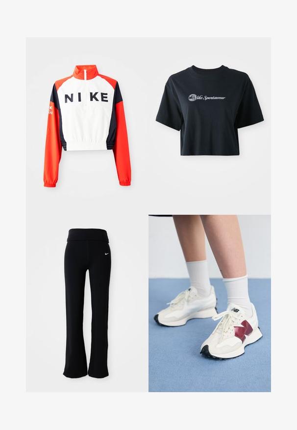 Lühi Nike jakk kõrge kraega, valge kehaga, punaste ja navy siniste varrukatega, must logo ees, elastne vöökoht ja mansetid, sportlik disain.; Lühikeste varrukatega must puuvillane t-särk, millel on ees valge tekst "Vice Sportswear" ja ringikujuline graafika.; Mustad mustad spordipüksid, laiade kummivöödega, valmistatud siledast ja venivast materjalist. Ühel puusal on väike valge Nike logo.; Valge tenniste paar marooni aktsentide, tekstuuriliste paneelide, lame musta tallaga ja heleda nööriga, kantud valgete pahkl sockidega.