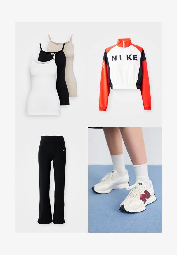 Rövidített Nike dzseki magas gallérral, fehér testtel, piros és sötétkék ujjakkal, fekete logóval elöl, elasztikus derékkal és mandzsettákkal, sportos dizájn.; Három női felső, fehér, fekete és nude színekben. Simogatós pamutból készült, vékony pántokkal és testhez álló fazonnal rendelkezik.; Fekete sportnadrág széles derékrészes, sima, rugalmas anyagból készült. A csípőn egy kis, fehér Nike logó található.; Fehér sneaker pár, bordó kiegészítőkkel, texturált panelekkel, lapos fekete talppal és világos fűzőkkel, fehér bokazoknival viselve.