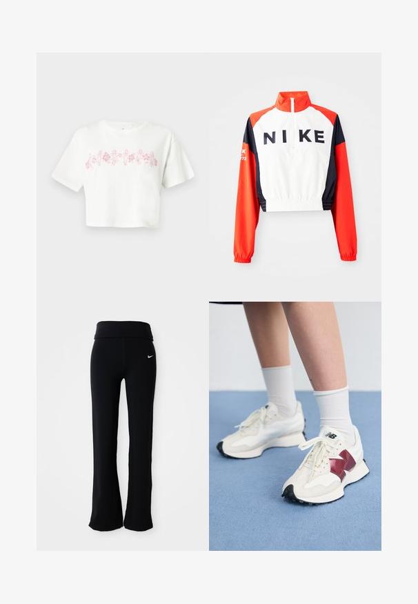 Ingekorte Nike-jas met hoge kraag, witte body, rode en marineblauwe mouwen, zwart logo op de voorkant, elastische taille en manchetten, sportief ontwerp.; Witte cropped t-shirt met korte mouwen, voorzien van een roze bloemen- en figuurafbeelding op de borst. Gemaakt van katoen.; Zwarte sportbroeken met een brede tailleband, gemaakt van een gladde, rekbare stof. Voorzien van een klein, wit Nike-logo op de heup.; Een paar witte sneakers met bordeauxrode accenten, getextureerde panelen, een platte zwarte buitenzool en lichte veters, gedragen met witte enkelsokken.