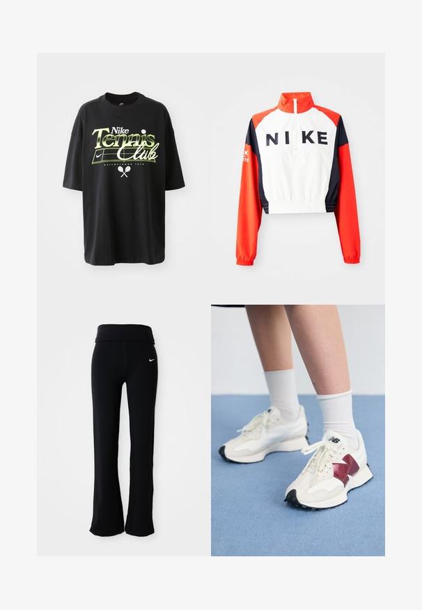 Zkrácená bunda Nike s vysokým límcem, bílá tělo, rukávy v červené a námořnické modři, černé logo na přední straně, elastický pas a manžety, sportovní design.; Černé bavlněné tričko s krátkým rukávem, zdobené grafikou "Nike Tennis Club" v zelené a bílé barvě, ilustracemi tenisového míčku a rakety.; Černé sportovní kalhoty s širokým pasem, vyrobené ze hladkého, elastického materiálu. Obsahují malé bílé logo Nike na boku.; Pár bílých tenisek s vínovými akcenty, texturovanými panely, plochou černou podrážkou a světlými tkaničkami, nošené s bílými kotníkovými ponožkami.