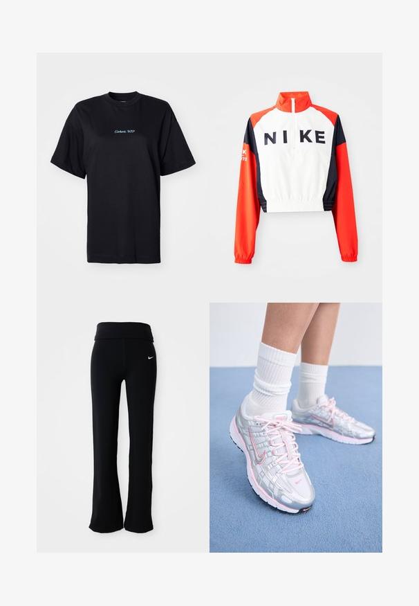 Cropped Nike jacket with high collar, white body, red and navy sleeves, black logo on front, elastic waist and cuffs, sporty design.; Black cotton t-shirt with a relaxed fit. Features "Carhartt, WTP" embroidered in light blue on the front, round neckline, and short sleeves.; Black athletic pants with a wide waistband, made of a smooth, stretchy material. Features a small, white Nike logo on the hip.; Nike running shoes featuring a silver mesh upper with pink accents, white laces, and a textured sole. Worn with white cotton athletic socks.