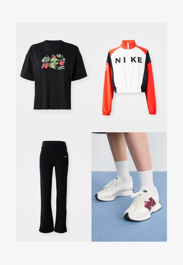 Rövidített Nike dzseki magas gallérral, fehér testtel, piros és sötétkék ujjakkal, fekete logóval elöl, elasztikus derékkal és mandzsettákkal, sportos dizájn.; Fekete, rövid ujjú póló, amelyen egy színes gyümölcs és levél grafika található az elején, a következő felirattal: "Cargart WIP Cream of the crop."; Fekete sportnadrág széles derékrészes, sima, rugalmas anyagból készült. A csípőn egy kis, fehér Nike logó található.; Fehér sneaker pár, bordó kiegészítőkkel, texturált panelekkel, lapos fekete talppal és világos fűzőkkel, fehér bokazoknival viselve.