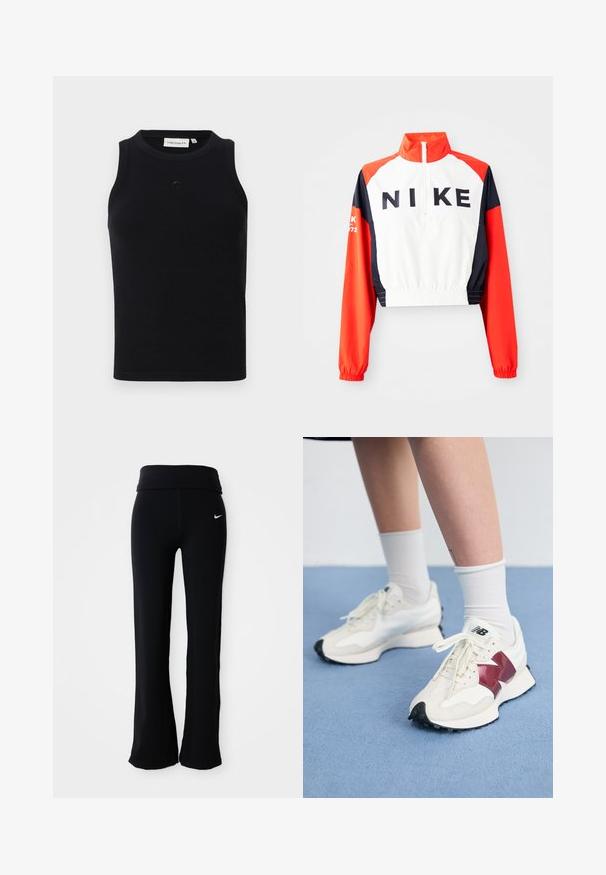Zkrácená bunda Nike s vysokým límcem, bílá tělo, rukávy v červené a námořnické modři, černé logo na přední straně, elastický pas a manžety, sportovní design.; Černý bezrukávový top z žebrované tkaniny s kulatým výstřihem a malým logem na přední straně. Jednoduchý, přiléhavý design.; Černé sportovní kalhoty s širokým pasem, vyrobené ze hladkého, elastického materiálu. Obsahují malé bílé logo Nike na boku.; Pár bílých tenisek s vínovými akcenty, texturovanými panely, plochou černou podrážkou a světlými tkaničkami, nošené s bílými kotníkovými ponožkami.