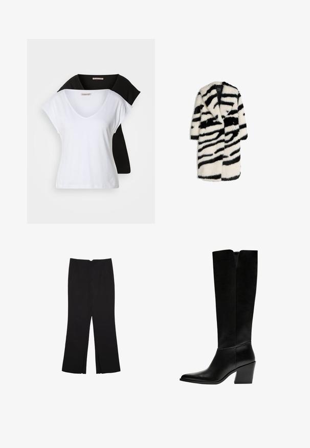Kożuch z materiału naśladującego futro w paski zebry o miękkiej teksturze, z dużym kołnierzem, dwiema fronotwymi panelami i rękawami o średniej długości w czarnym i białym kolorze.; Dwa dopasowane t-shirty z dekoltem w serek w kolorze białym i czarnym, wykonane z bawełny. Oba mają krótkie rękawy i miękką, gładką teksturę.; Czarne spodnie o prostym kroju, z przednimi kieszeniami i bocznymi rozcięciami na dole. Wykonane z miękkiego, gładkiego materiału. Odpowiednie na różne okazje.; Czarne kozaki do kolan wykonane z gładkiej skóry, z ostro zakończonym noskiem, blokowym obcasem i wycięciem w kształcie litery V na górze.