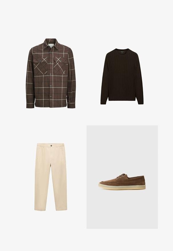 Brunternet flannel skjorte med knaplukning foran, to brystlommer og kontrasterende creme og mørke linjer, med et klassisk kravedesign.; Brun ribbet sweater med lange ærmer og rund hals. Har et tekstureret stof og en tætsiddende pasform i taljen og ved manchetterne.; Beige, casual bukser lavet af et blødt stof; har en elastisk talje, forlommer og en lige benstruktur.; Brune ruskindssko med lav profil, snørebåndsdesign, gummisål og kontrasterende syninger. Simpel og funktionel stil.