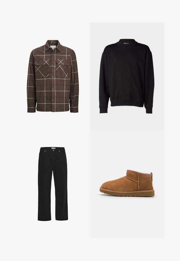 Brūns škots flaneles krekls ar pogu priekšā, divām krūšu kabatām un kontrastējošām krēmkrāsas un tumšām līnijām, ar klasisku apkakles dizainu.; Melna sporta džemperis ar augstu ribotu apkakli, garajām piedurknēm un brīvu griezumu. Mīksta tekstūra ar ribotām piedurknēm un apakšmalu.; Melnas denima bikses ar taisnu piegriezumu, piecu kabatu dizainu, vara aparatūras akcentiem un izturīgu jostasvietu. Gluda tekstūra, vienkāršs stils.; Bēša zamšas potītes zābaks ar noapaļotu purngalu, smalkiem diegu dekorējumiem un teksturētu gumijas zoli. Īsa augstuma bez auklām.