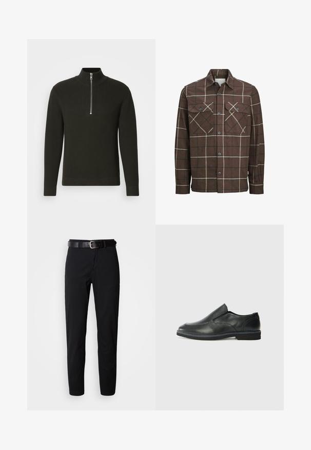 Barna kockás flaneling, gombos elülső résszel, két mellzsebbel, kontrasztos krém és sötét csíkokkal, klasszikus galléros kivitelben.; Fekete bordázott kötött pulóver magas gallérral és rövid cipzárral, hosszú ujjakkal és karcsú szabással.; Fekete, egyenes szabású nadrág sima textúrával, fekete bőr öv ezüst csattal. Egyszerű dizájn, minta vagy díszítés nélkül.; Fekete bőr, slip-on cipő sima felsőrésszel, varrott díszítéssel, lekerekített orral és alacsony gumitalppal. A talpa minimális bordázattal rendelkezik.