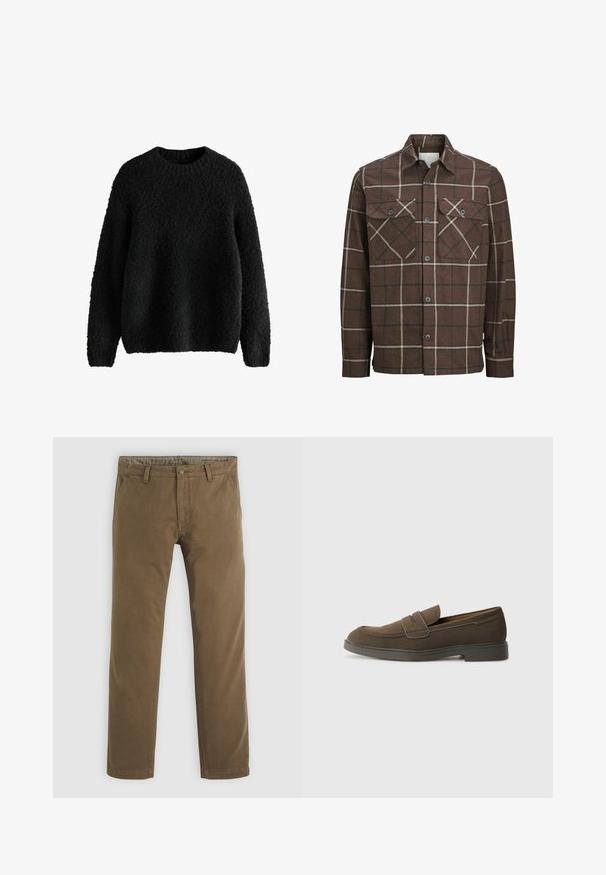 Braun kariertes Flanellhemd mit Knopfverschluss, zwei Brusttaschen und kontrastierenden cremefarbenen und dunklen Linien, ausgestattet mit einem klassischen Kragendesign.; Schwarzer Strickpullover mit einer strukturierten, flauschigen Oberfläche. Runder Ausschnitt, lange Ärmel und lässige Passform. Einfaches Design, ohne sichtbare Befestigungen.; Khakifarbene Baumwollhose mit geradem Bein, ausgestattet mit einem Knopfverschluss, zwei vorderen Taschen und einer glatten Textur.; Braunes Wildleder-Loafer mit runder Kappe, einem Riemen über dem Spann und einer flachen Gummisohle. Einfaches Design mit klaren Linien und minimalen Details.