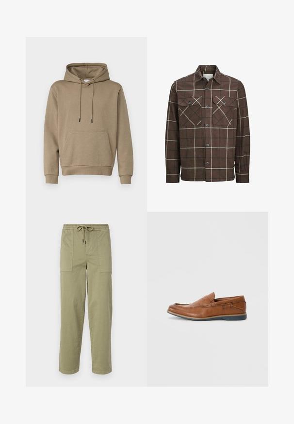 Brown plaid flannel shirt with a button-up front, two chest pockets, and contrasting cream and dark lines, featuring a classic collar design.; Hooded sweatshirt in light brown, made of soft fabric. Features a front pouch pocket and ribbed cuffs. Simple design with drawstrings.; Light olive green pants made of cotton blend fabric, featuring an elastic waistband with drawstring, and two large side pockets.; Brown leather loafers with a round toe, stitched accents, and a low rubber sole. The design features a band across the upper.