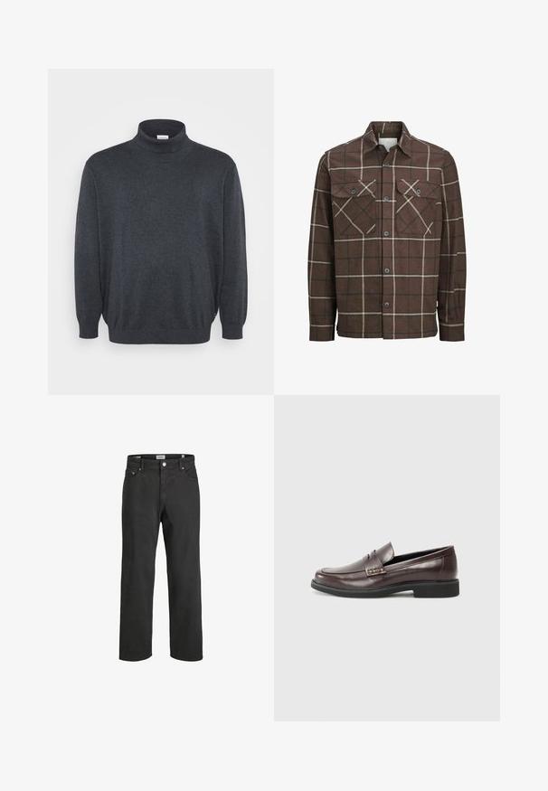 Hnědá kostkovaná flanelová košile s knoflíkovým zapínáním vpředu, dvěma náprsními kapsami a kontrastními krémovými a tmavými pruhy, s klasickým límečkem.; Jack & Jones JJEBASIC ROLL NECK - Svetr - dark grey melange; Černé rovné džínsy vyrobené z bavlny, s klasickým pětioktalovým designem, zapínáním na knoflík a jemnými švy.; Hnědé kožené mokasíny s hladkým povrchem, které mají jemný prošitý detail na svršku a černou gumovou podrážku.