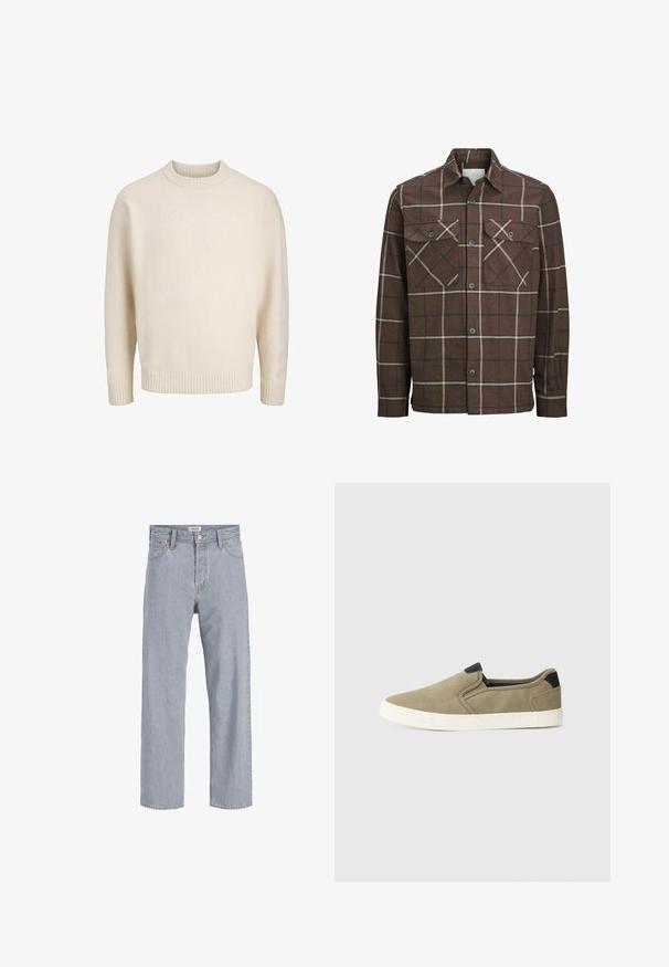 Camicia in flanella a scacchi marrone con chiusura a bottoni, due tasche sul petto e linee contrapposte in crema e scuro, dotata di un classico collo.; Maglione in cotone misto crema con collo a coste a girocollo, spalle scese e polsini e orlo a coste. Texture morbida con una vestibilità rilassata.; Jeans in denim azzurro chiaro con vestibilità rilassata, design a gamba dritta, cuciture visibili, due tasche frontali e chiusura con bottone.; Scarpe slip-on color taupe con tomaia in tessuto texturizzato, accento sul tallone nero a contrasto e suola in gomma bianca. Design perforato per traspirabilità.