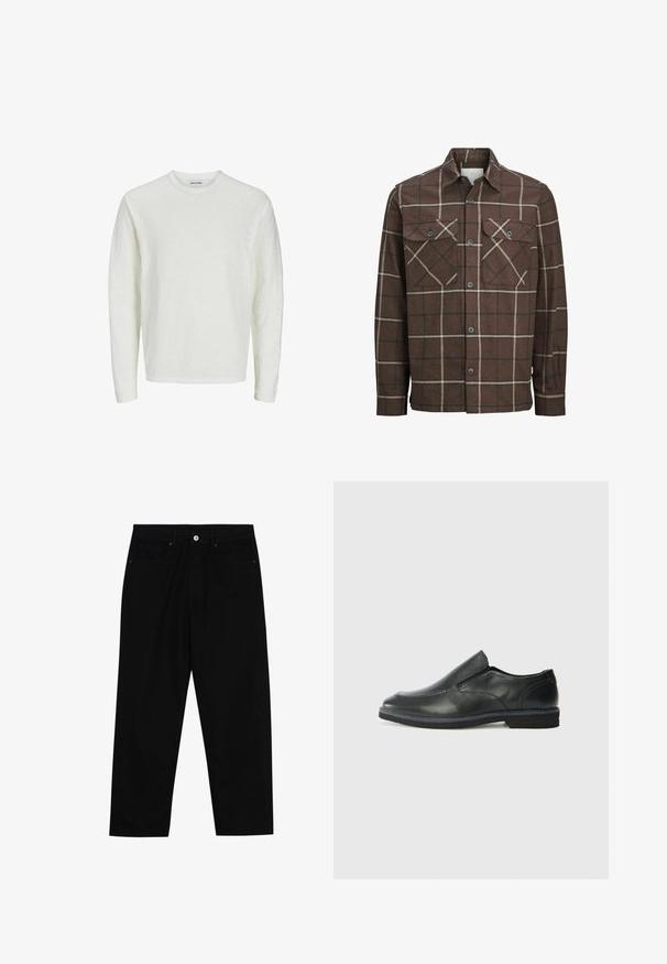 Hnědá kostkovaná flanelová košile s knoflíkovým zapínáním vpředu, dvěma náprsními kapsami a kontrastními krémovými a tmavými pruhy, s klasickým límečkem.; Dlouhý rukáv, košile v off-white barvě, texturovaná látka. Design s kulatým výstřihem, bezšvové ramena a rovný spodní lem. Žádné viditelné vzory ani akcenty.; Černé džíny s rovně střiženými nohavicemi, designem pěti kapes a předním zapínáním na knoflík. Hladký povrch s minimem švových detailů.; Černá kožená nazouvací bota s hladkým svrškem, prošívanými detaily, zaoblenou špičkou a nízkým gumovým podpatkem. Podešev má minimální vzorek.