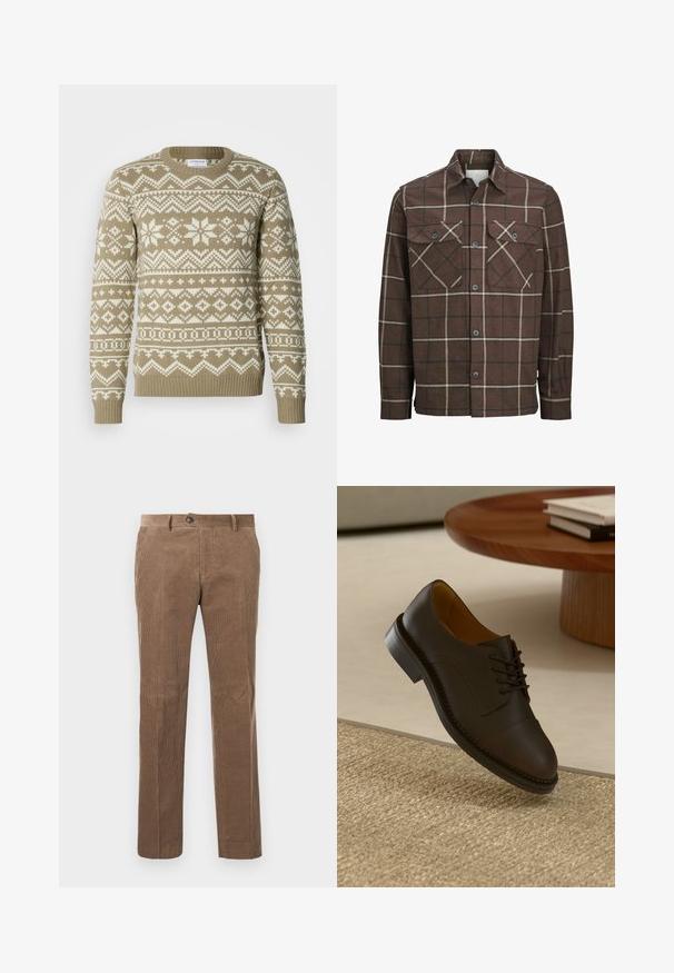 Brązowa koszula flanelowa w kratę z zapięciem na guziki z przodu, dwiema kieszeniami na piersi oraz kontrastowymi kremowymi i ciemnymi liniami, z klasycznym kołnierzykiem.; Sweter dzianinowy w piaskowym beżu z białymi geometrycznymi i kwiatowymi wzorami. Posiada okrągły dekolt oraz ściągacze na mankietach i u dołu.; Brązowe spodnie z korduroy o pionowej teksturze prążkowanej, prostym kroju nogawek, z zapięciem na jeden guzik i dwoma przednimi kieszeniami.; Brązowe skórzane buty wizytowe z teksturowaną cholewką, wiązanym fasonem, kontrastowym przeszyciem i trwałą gumową podeszwą, unoszące się nad plecionym dywanem.
