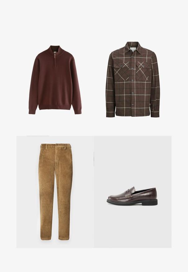 Brązowa koszula flanelowa w kratę z zapięciem na guziki z przodu, dwiema kieszeniami na piersi oraz kontrastowymi kremowymi i ciemnymi liniami, z klasycznym kołnierzykiem.; Next - Sweter; Brązowe spodnie z korduroy o pionowym prążkowanym wzorze, proste cięcie, zapięcie na guzik i szlufki na pasek. Gładki materiał o miękkim wykończeniu.; Brązowe skórzane mokasyny o gładkim wykończeniu, z delikatnym przeszyciem na cholewce i czarną gumową podeszwą.