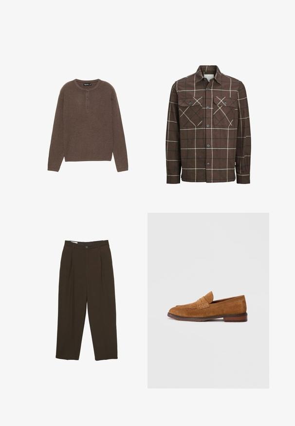 Barna kockás flaneling, gombos elülső résszel, két mellzsebbel, kontrasztos krém és sötét csíkokkal, klasszikus galléros kivitelben.; Barna bordás kötött hosszú ujjú felső, kerek nyakkivágással és három gombos záródással. Egyenes szabású és puha tapintású.; Sötétbarna, szabott nadrág elülső redőkkel, övhurkokkal és gombos záródással a deréknál.; Barna velúr lófaragó cipők, lekerekített orral, varrott részletekkel, egy kis sávval a frontra, és alacsony barna gumitalppal.