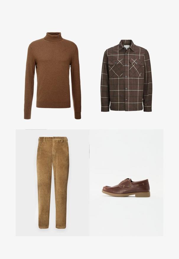 Chemise en flanelle à carreaux bruns avec un devant à boutons, deux poches poitrine, et des lignes contrastantes crème et foncées, avec un design de col classique.; Pull en col roulé marron en tissu doux, avec des manches longues, des poignets côtelés et une coupe ajustée sans motifs visibles.; Pantalon en velours côtelé marron avec texture à côtes verticales, coupe droite, fermeture à bouton et passants de ceinture. Tissu lisse avec une finition douce.; Bateau en cuir marron avec un bout rond, semelle texturée, œillets dorés et détails de couture le long du dessus pour un design classique.