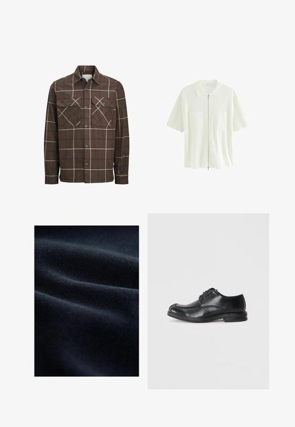 Chemise en flanelle à carreaux bruns avec un devant à boutons, deux poches poitrine, et des lignes contrastantes crème et foncées, avec un design de col classique.; Chemise à manches courtes, blanche, à fermeture éclair, en tissu texturé, dotée d'un col et de deux poches avant avec rabats carrés.; Tissu bleu marine avec un tissage texturé, présentant des plis doux et une finition lisse, reflétant la lumière de manière subtile.; Chaussures en cuir noir à lacets avec un bout arrondi, texture lisse et un petit talon. Présente des détails de couture le long de l'empeigne et des côtés.