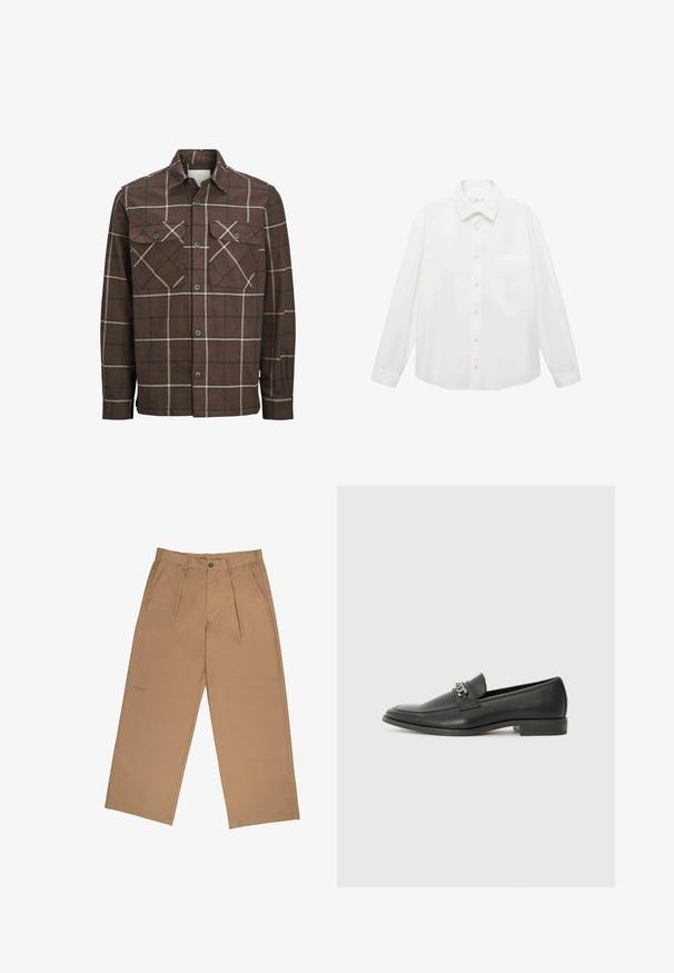 Hnědá kostkovaná flanelová košile s knoflíkovým zapínáním vpředu, dvěma náprsními kapsami a kontrastními krémovými a tmavými pruhy, s klasickým límečkem.; Mango ANTARES - Košile - white; Béžové kalhoty vyrobené z látky s hladkým povrchem, se záhyby, zapínáním na knoflík a logem vyšitou blízko lemu.; Černé kožené mokasíny s hladkým povrchem, s prošívaným designem a dekoračním kovovým řetízkem přes nárt. Plochý podpatek.